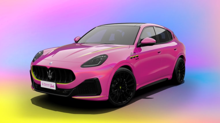 The 2023 Barbie Maserati Grecale Trofeo from a front quarter angle